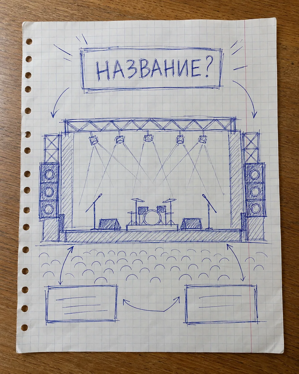 Было: черновик афиши ручкой на листе в клетку — сцена, стрелки и «НАЗВАНИЕ?»