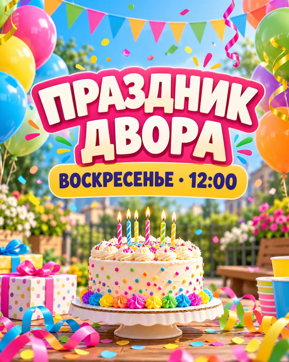 Афиша «Праздник двора»: воздушные шары, торт и конфетти