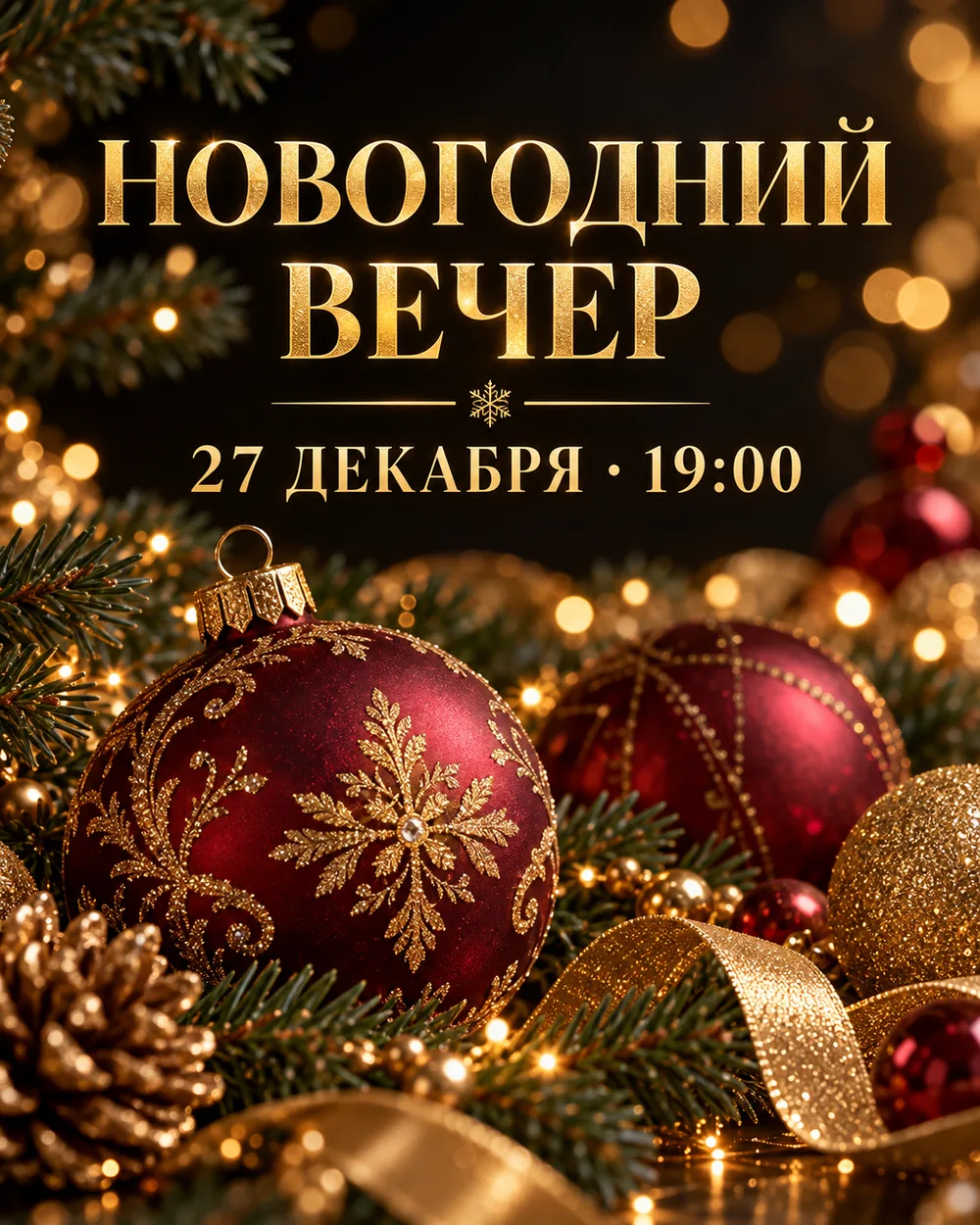 Афиша новогоднего корпоратива: ёлочные шары в золоте и бордо