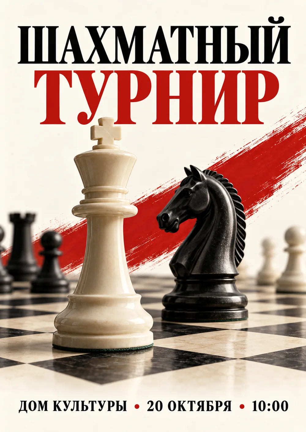 Афиша для печати А4 «Шахматный турнир»: шахматная доска и фигуры