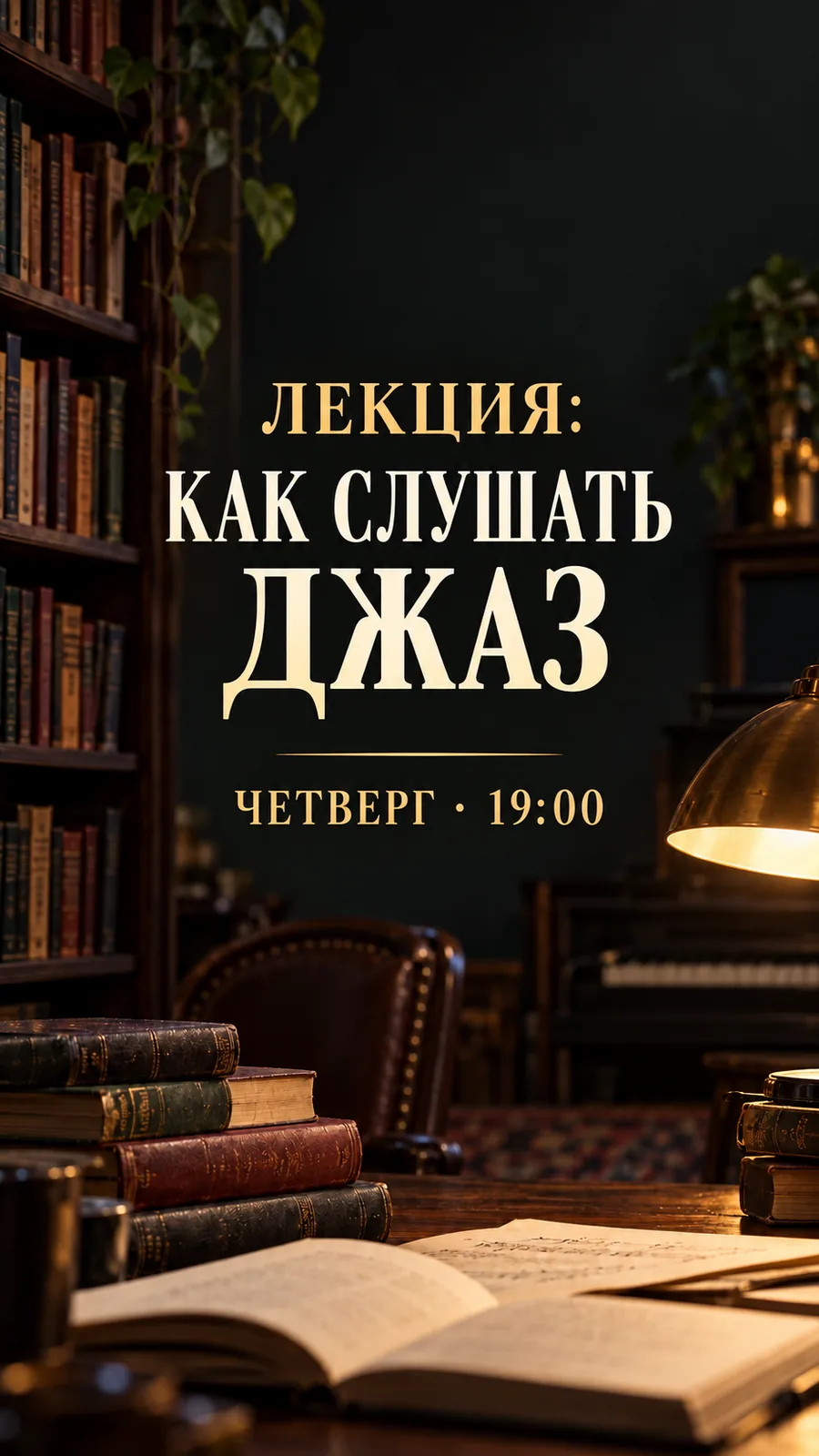 Сторис-анонс лекции «Как слушать джаз»: книги и настольная лампа