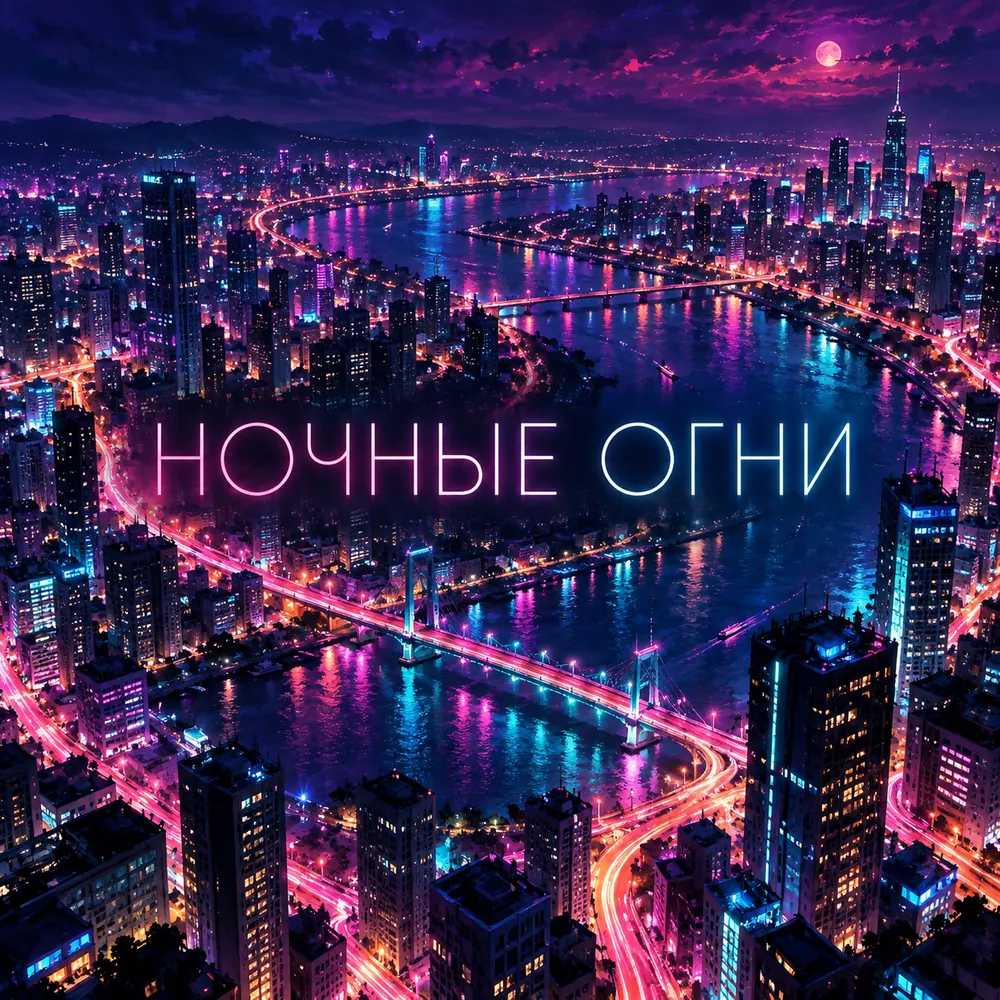 Обложка трека «Ночные огни»: ночной город сверху с неоновыми улицами
