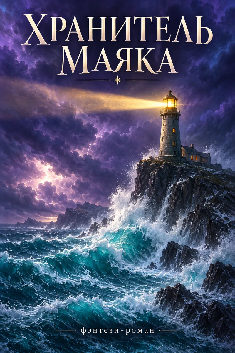 Обложка книги «Хранитель маяка»: маяк на скале в шторм, луч света сквозь тучи