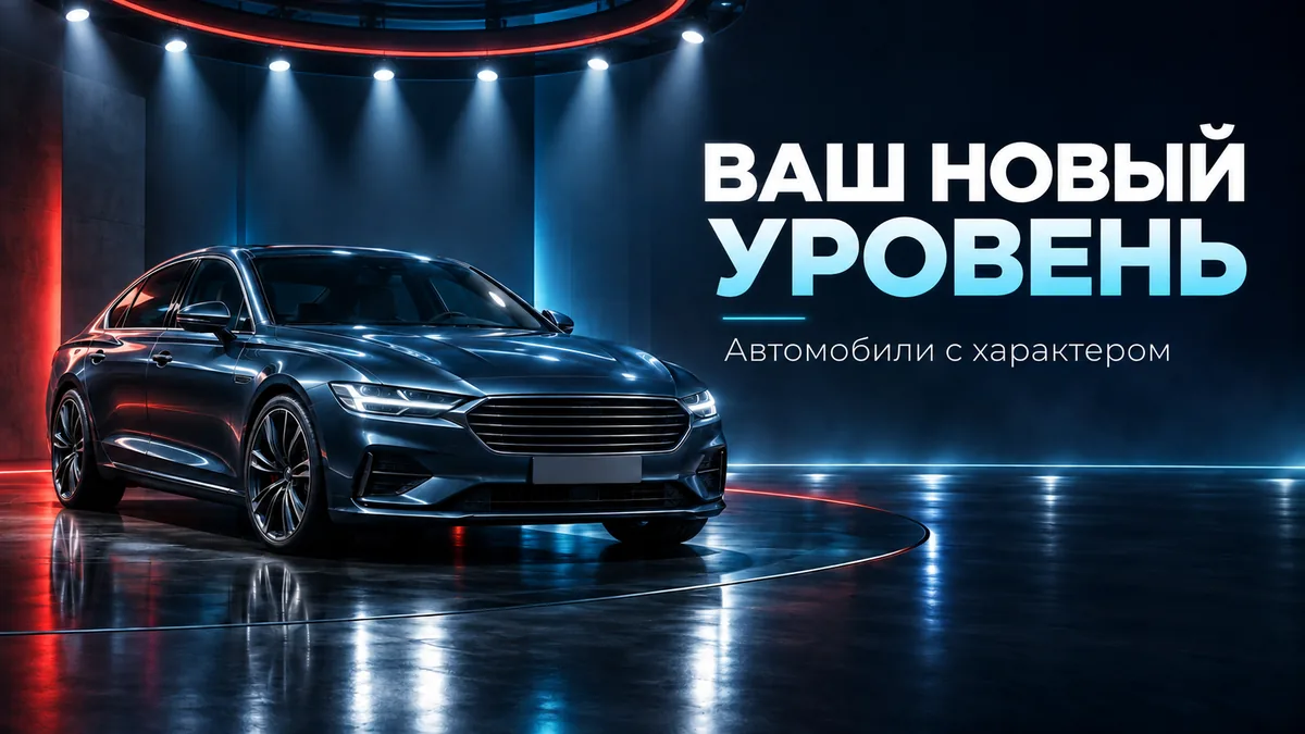 Баннер автосалона «Ваш новый уровень»: седан бизнес-класса в ночном шоуруме под прожекторами