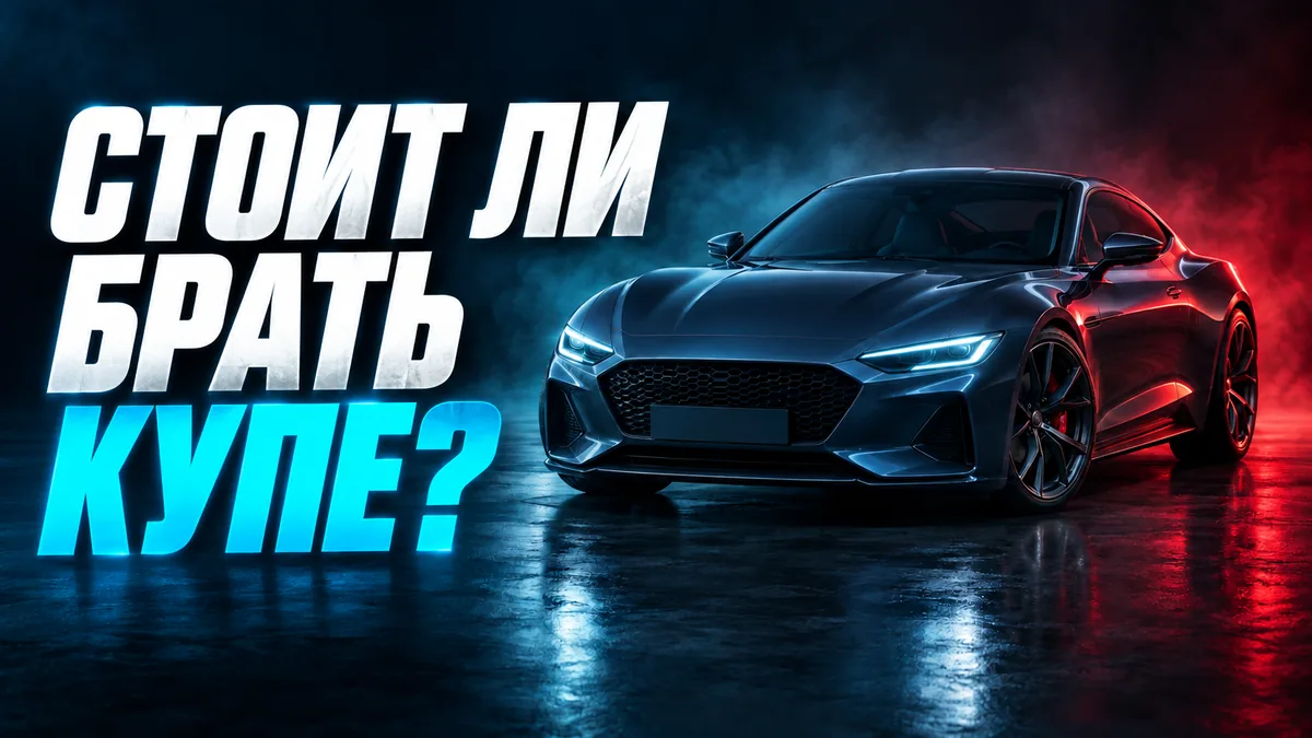Обложка автоблога «Стоит ли брать купе?»: спортивное купе в тёмной студии с красной и циановой подсветкой
