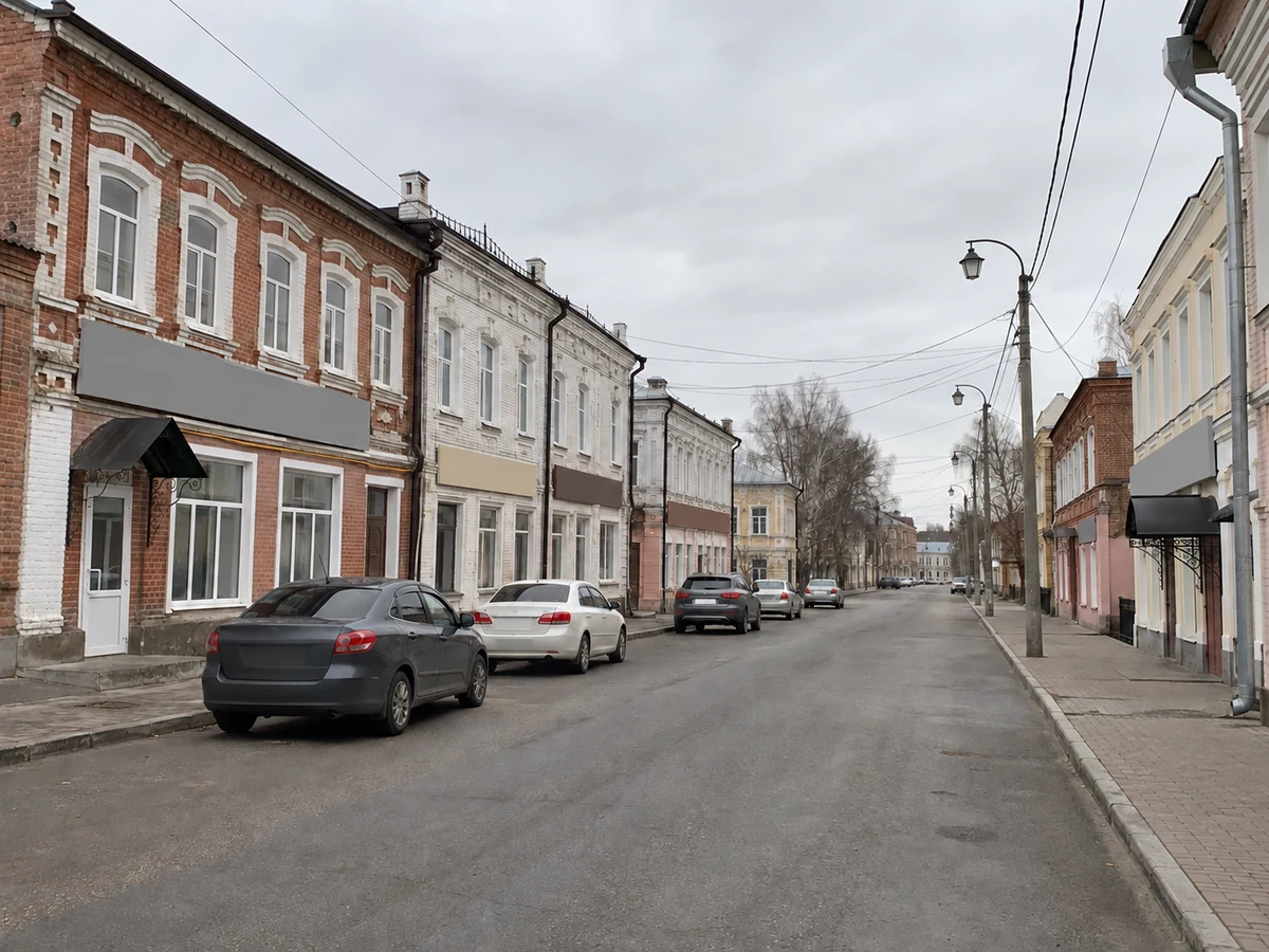 Было: улица старого города с кирпичными домами, асфальтом, машинами и проводами