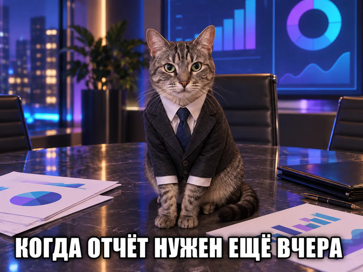 Стало: тот же кот в пиджаке и галстуке за столом переговоров с подписью «Когда отчёт нужен ещё вчера»