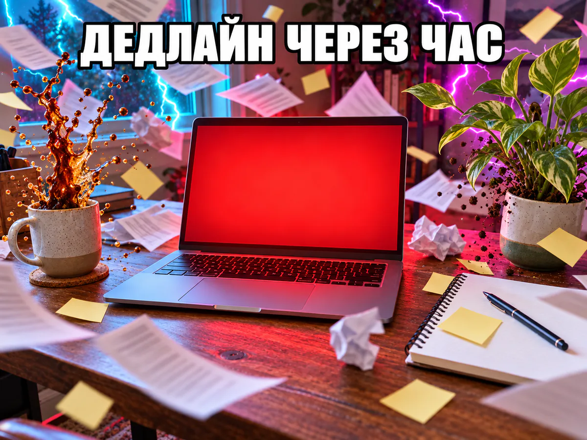 Стало: тот же стол в хаосе дедлайна — летят бумаги, фонтан кофе, подпись «Дедлайн через час»