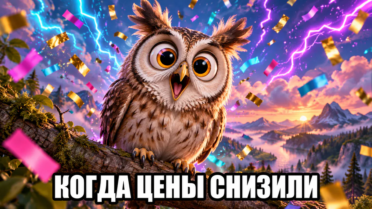 Удивлённая сова с огромными глазами среди конфетти и подпись «Когда цены снизили»