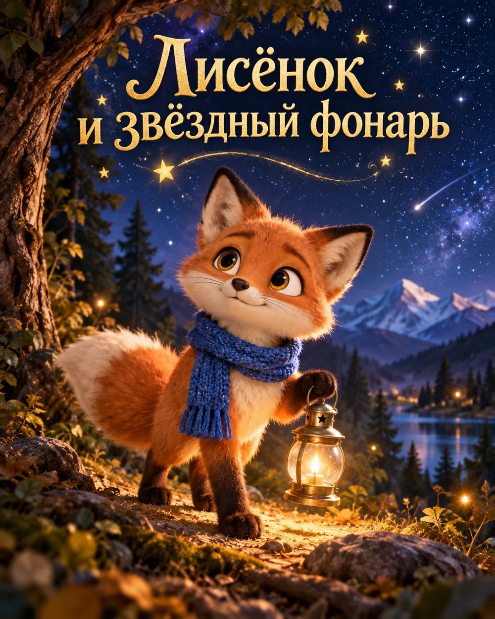 Обложка детской книжки «Лисёнок и звёздный фонарь» с лисёнком на краю леса