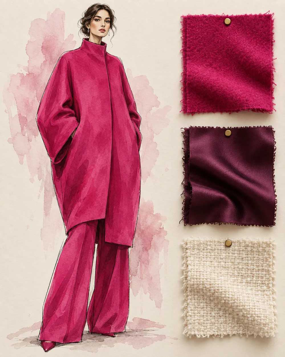 Fashion-эскиз акварелью и тушью: пальто-кокон цвета фуксии и широкие брюки, рядом образцы ткани