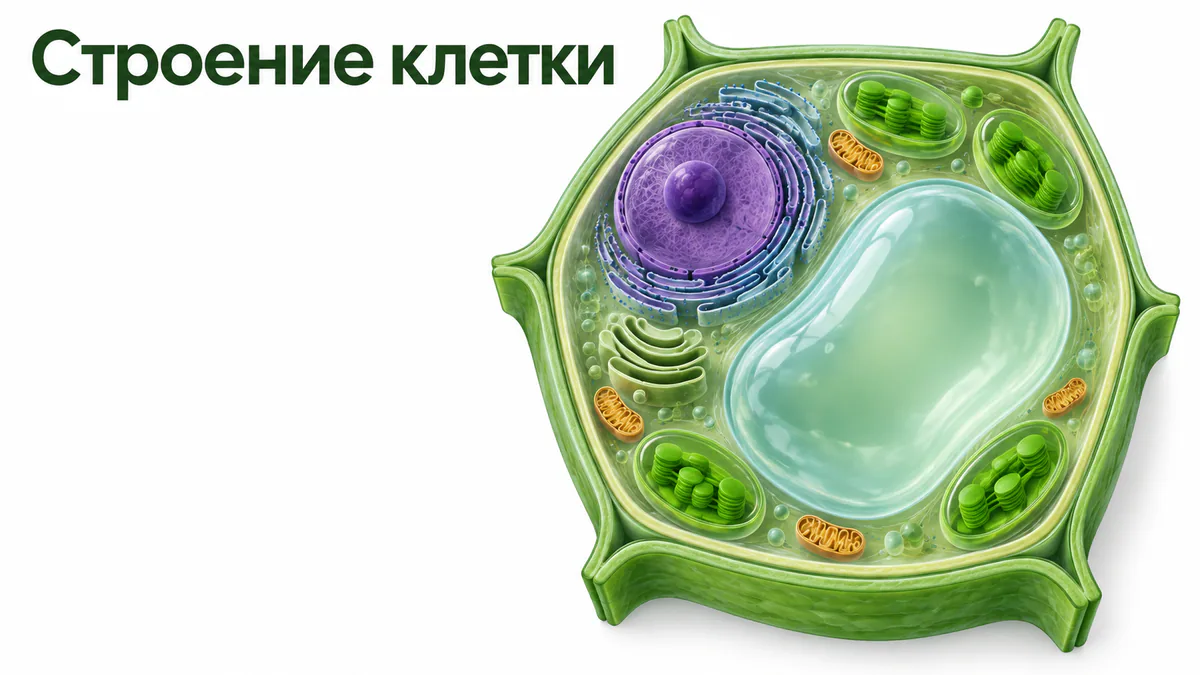 Слайд «Строение клетки»: объёмная растительная клетка в разрезе на белом фоне