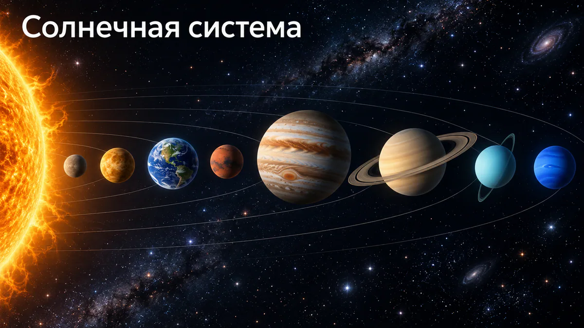 Слайд «Солнечная система»: планеты по дуге на фоне звёздного космоса
