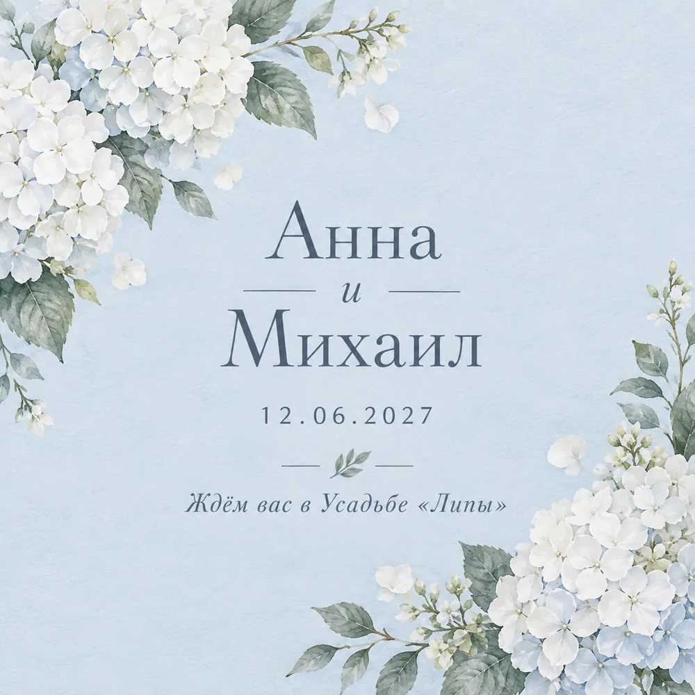 Электронное приглашение на голубом фоне с акварельными гортензиями