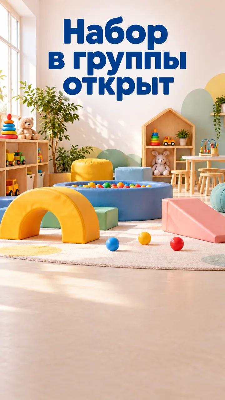 Яркая игровая комната детского центра с мягкими модулями и шарами