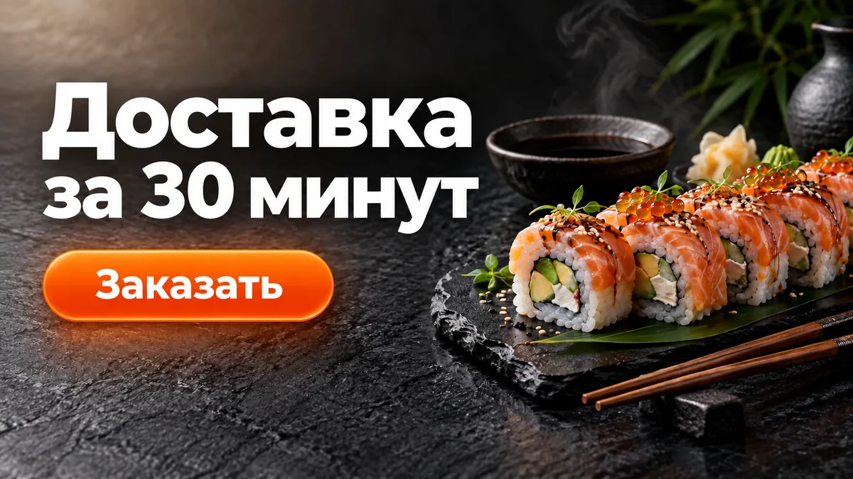 Баннер доставки: сет роллов на тёмном камне и надпись «Доставка за 30 минут»