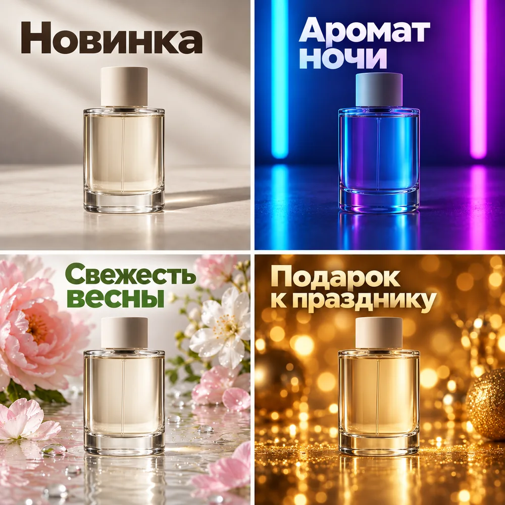 Один флакон парфюма в четырёх рекламных концепциях: студия, неон, цветы с водой, праздничное боке