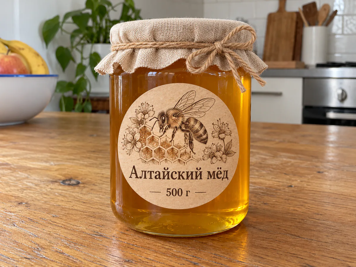 Стало: та же банка с крафтовой этикеткой «Алтайский мёд», пчела и соты