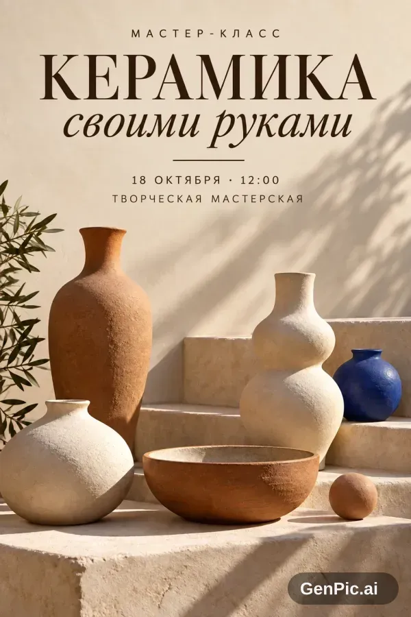 Светлая афиша «Керамика своими руками»: керамические вазы, название мастер-класса и дата