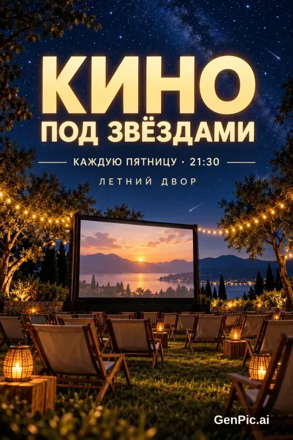 Афиша «Кино под звёздами»: экран на лужайке, шезлонги, гирлянды и звёздное небо