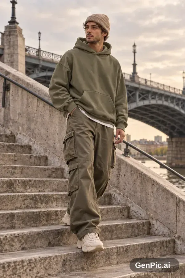 Streetwear-образ: мужчина в худи цвета хаки, карго-брюках и вязаной шапке на бетонной лестнице у моста
