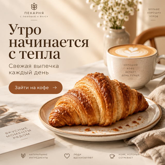 Реклама пекарни: круассан и капучино с надписью «Утро начинается с тепла»