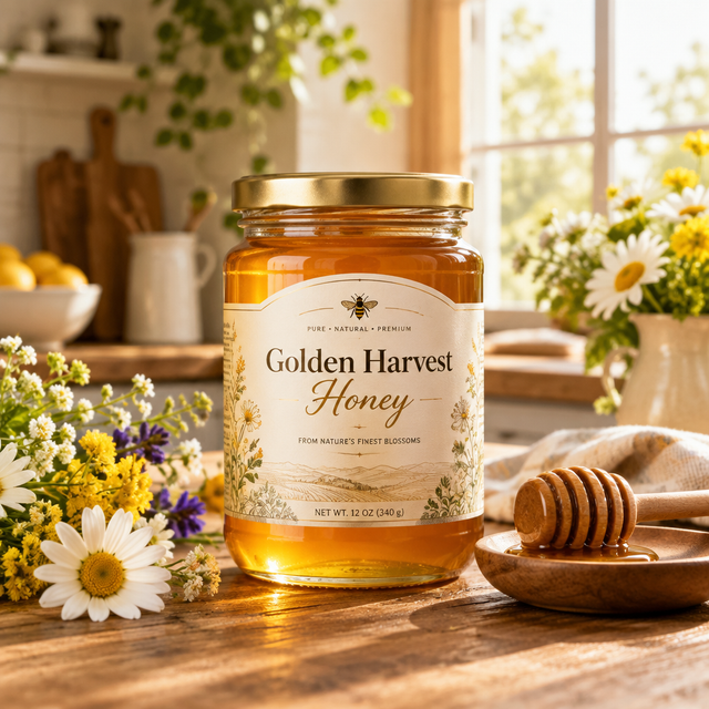 Баночка Golden Harvest Honey на солнечной кухне с цветами и ложкой мёда